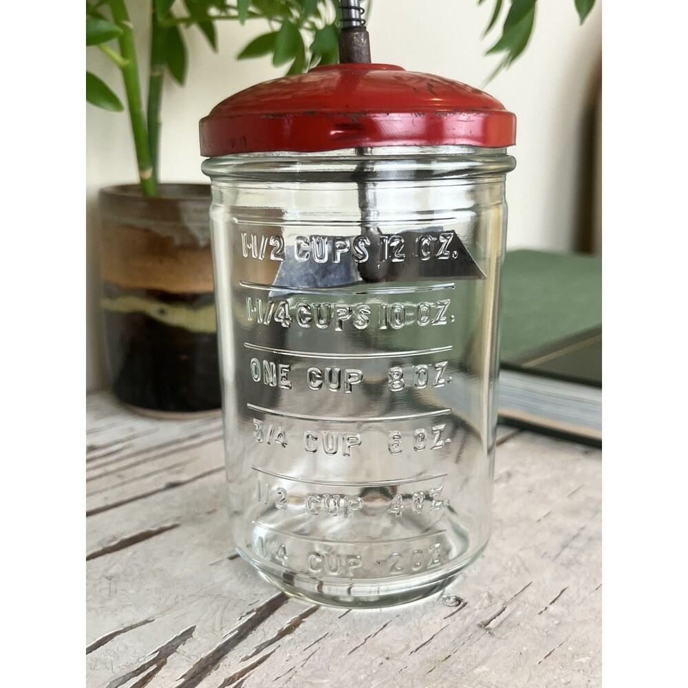 Vintage Rustic Red Metal Wood And Glass Mason Nut Chopper Farmhouse Country